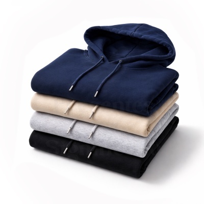 Pilhas de sweatshirts capuz nas cores azul escuro, bege, cinza claro e preto