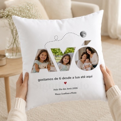 Almofada branca personalizada com fotos e texto dedicado ao Dia dos Avós