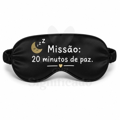 Máscara de dormir preta com texto e desenho