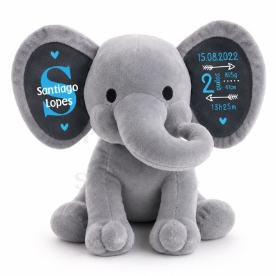 Pelúcia elefante cinzenta com texto personalizado nas orelhas