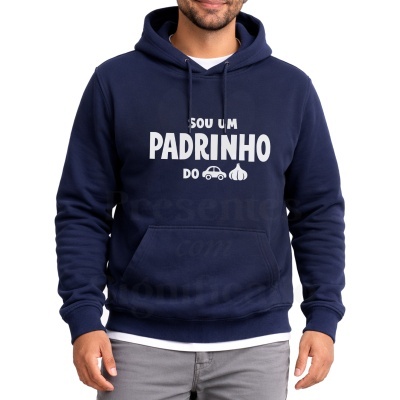 Sweatshirt azul escuro com texto branco e imagens de carro e alho