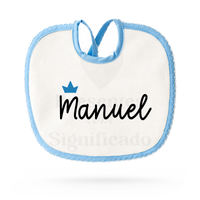 Babete de bebé branco com bordado azul e nome Manuel com coroa azul