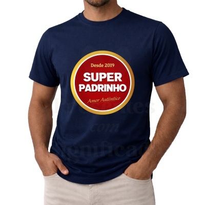 T-shirt azul escura com estampado SUPER PADRINHO em vermelho, branco e dourado