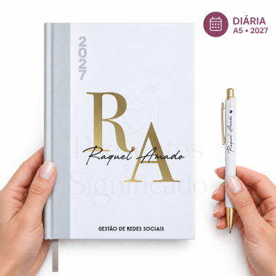 Diário 2027 branco e cinzento com caneta branca personalizada