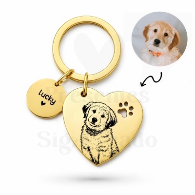 Porta-chaves dourado com gravura de cão e texto Lucky