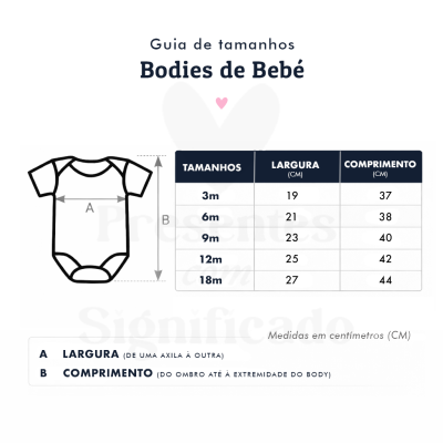 Guia de tamanhos de bodies de bebé com tabela de medidas em centímetros