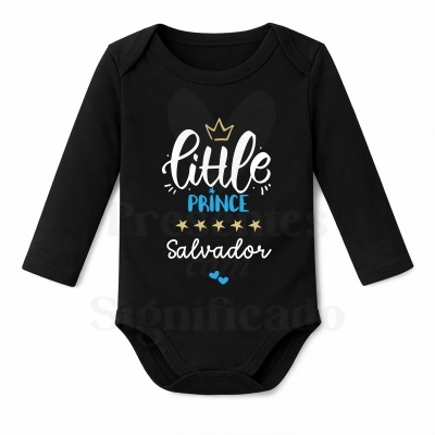 Body de bebé preto com estampa little PRINCE Salvador e coroa