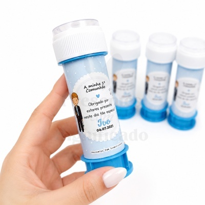 Bolha de sabão azul com rótulo de Comunhão e texto personalizado