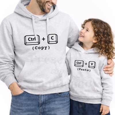 Duas camisolas cinza com capuz com texto Ctrl + C e Ctrl + V em preto