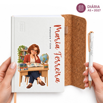 Agenda A5 branca personalizada com ilustração de professora e caneta correspondente