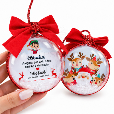 Bolas de Natal transparentes com laço vermelho, texto personalizado e ilustrações natalícias
