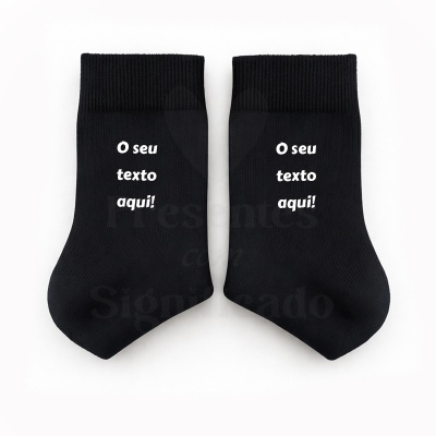 Par de meias pretas com texto branco personalizado