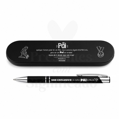 Estojo preto e caneta preta com texto comemorativo para pai.