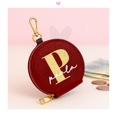 Carteira redonda vermelha em pele com estampagem amarela e branca e fecho dourado