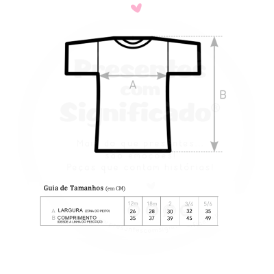 Guia de tamanhos para t-shirt infantil com medidas de largura e comprimento em centímetros.