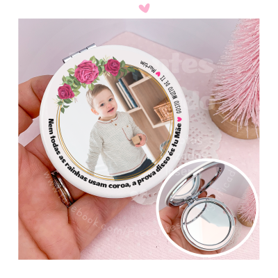 Espelho de bolso decorado com flores, foto de criança e texto em português