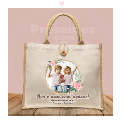 Saco de juta com fotografia e texto personalizado para avó