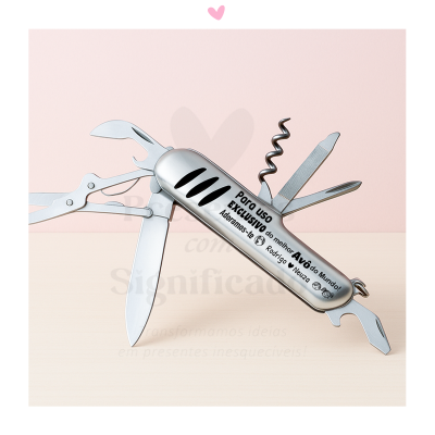 Canivete suíço metálico multiferramentas gravado em português com mensagem para avô