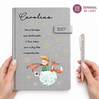Agenda semanal 2027 B5 cinzenta com ilustração colorida e caneta personalizada