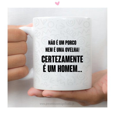 Caneca branca com texto humorístico em português