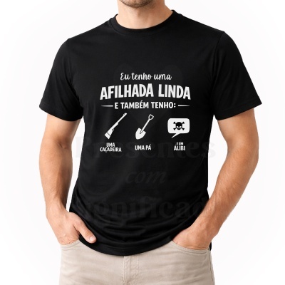 T-shirt preta com texto e ícones brancos sobre afilhada e objetos