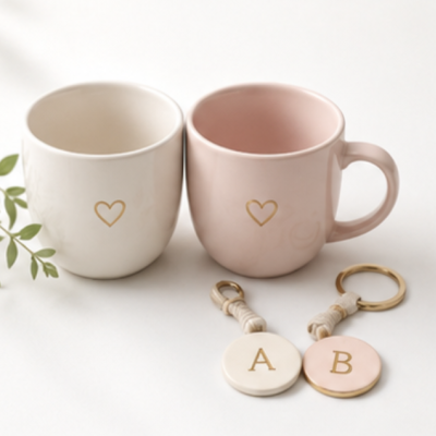 Duas canecas de cerâmica com coração dourado e dois porta-chaves redondos personalizados com letras A e B.
