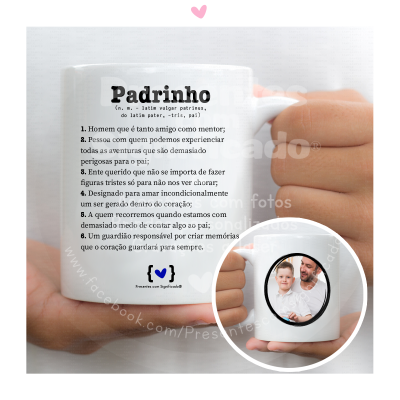 Caneca branca com texto e fotografia personalizada de homem e criança