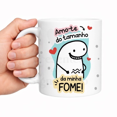 Caneca branca com ilustração e texto em português
