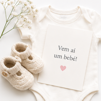 Body branco de bebé com cartão e sapatinhos de crochê creme e flores brancas