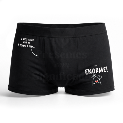 Cuecas boxer masculinas pretas com texto e ilustração