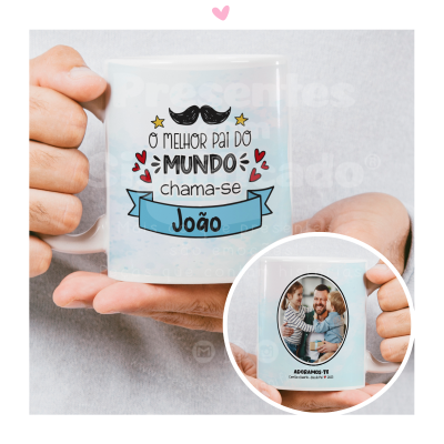 Caneca branca personalizada para o melhor pai do mundo com nome João, bigode, corações e foto de pai e filho