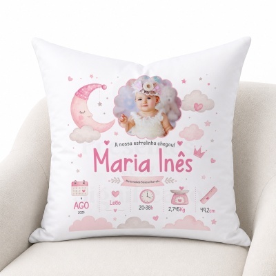 Almofada branca personalizada com foto de bebé e texto cor-de-rosa