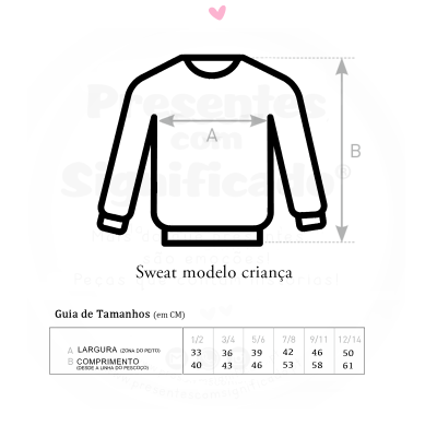Ilustração de sweat infantil com guia de tamanhos em centímetros
