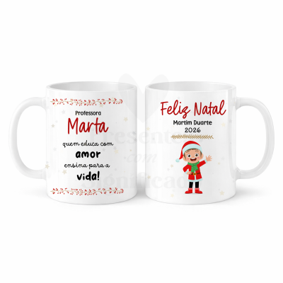 Duas canecas brancas com textos e desenhos natalícios e personalizados