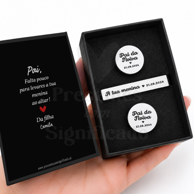 Conjunto de acessórios metálicos para Pai da Noiva com data e mensagem em estojo preto