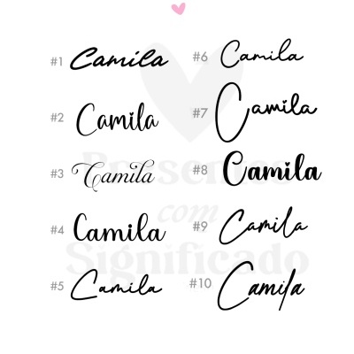 Dez variações de fontes da palavra Camila em preto sobre fundo branco, com um coração rosa no topo.