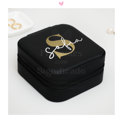 Estojo de joias preto com nome Sofia e letra S dourada