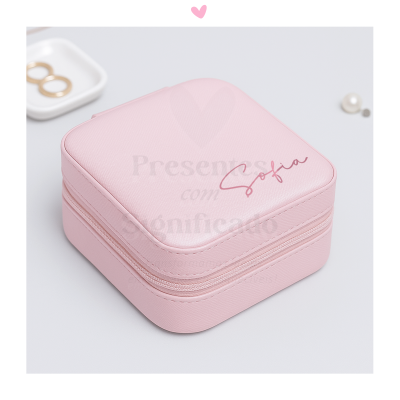 Estojo quadrado rosa com zíper e nome Sofia em letra cursiva