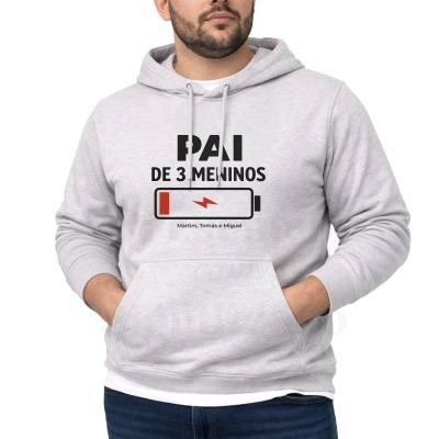 Sweatshirt cinza claro com estampado PAI DE 3 MENINOS e bateria com carga fraca
