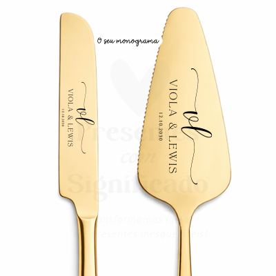 Faca e espátula douradas com gravação preta personalizável