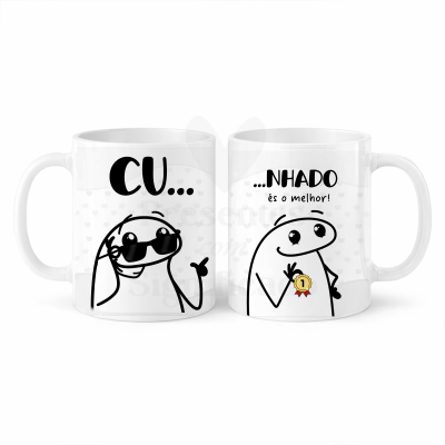 Duas canecas brancas com personagens desenhados e texto em português para cunhado