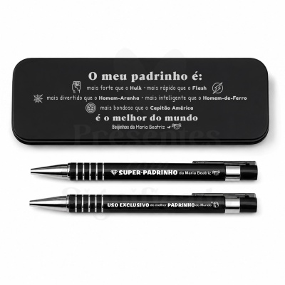 Estojo e canetas personalizadas para padrinho com texto e desenhos de super-heróis