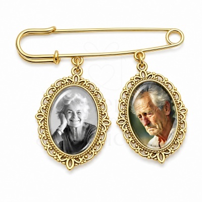 Alfinete de segurança dourado com molduras ovais e fotos de idosos