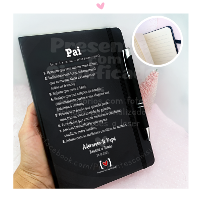 Caderno preto com texto personalizado para pai e caneta branca