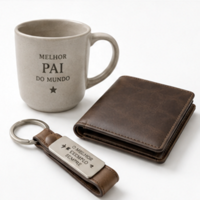 Conjunto de presente para pai com caneca, porta-chaves e carteira castanha.