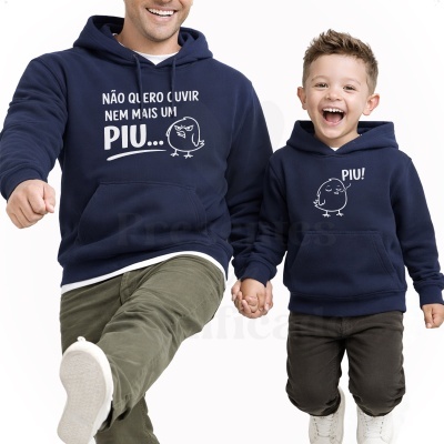 Sweatshirts azuis para pai e filho com desenhos de pássaros e texto em branco