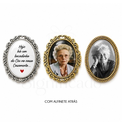 Três pins ovais com molduras decorativas e textos e imagens diferentes