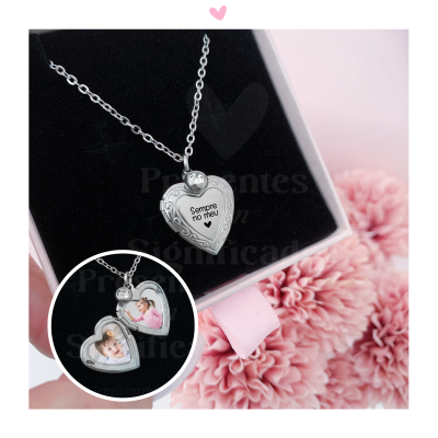 Colar coração prata com texto 