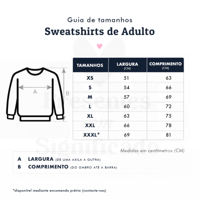 Guia de tamanhos para Sweatshirts de Adulto com tabela e ilustração