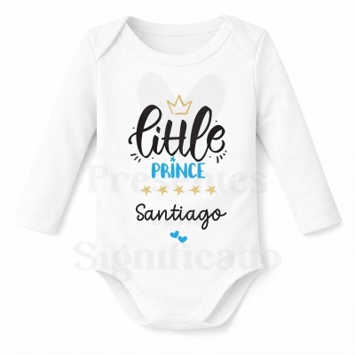 Body branco de manga longa para bebé com texto e ilustrações em preto, azul e dourado